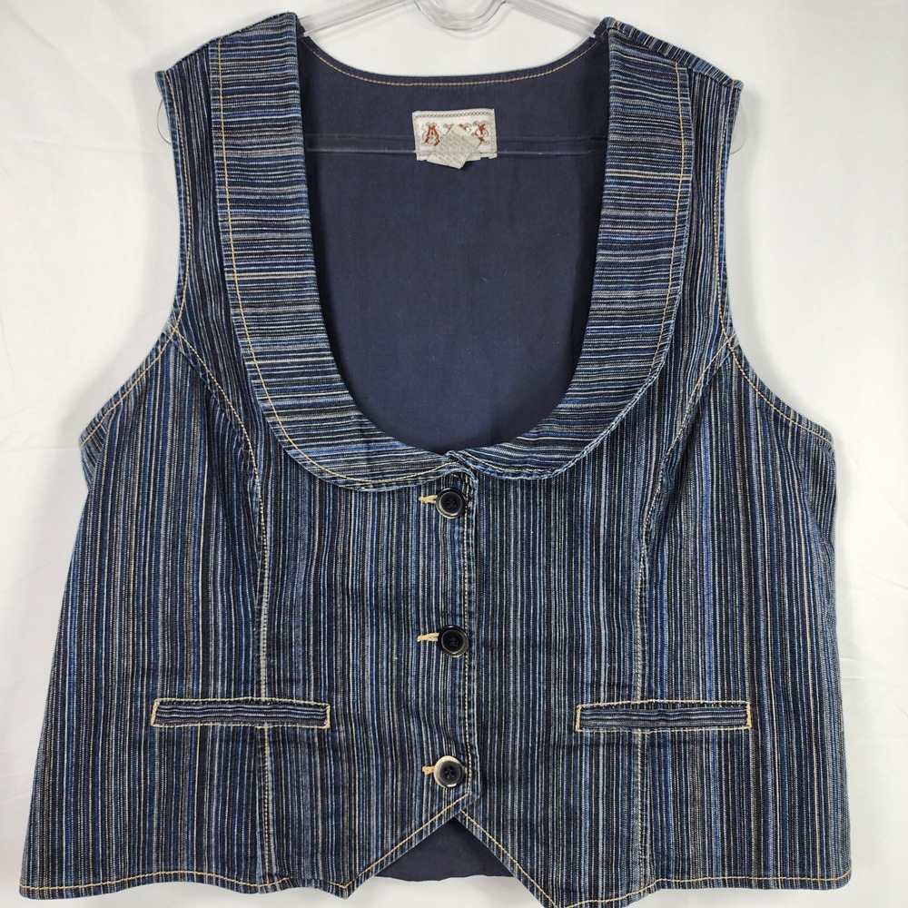 Vintage Y2K Lined Denim Womens Striped Vest 14 16 Western Barn‎ Equestrian Twee